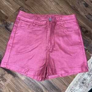 Hot pink sparkly metallic spandex latex shorts